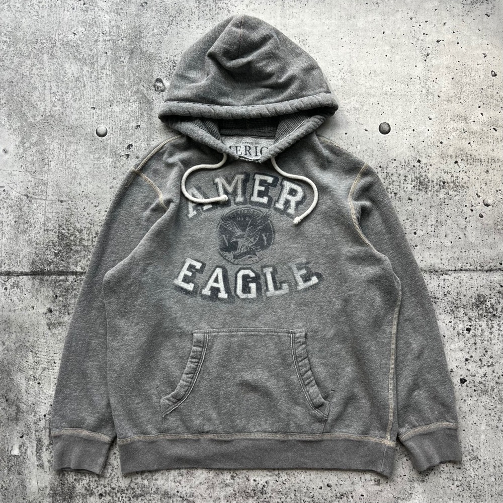 Y2K American Eagle Sweatshirt Mens XL Gray Hoodie Waffle Hood Skate Vintage Fit